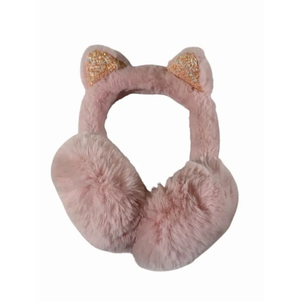 Girls Plush Cat Ear Earmuffs Pink Faux Fur Glitter Ears Winter Warmers Youth